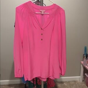 Pink Long-Sleeve Henley Blouse